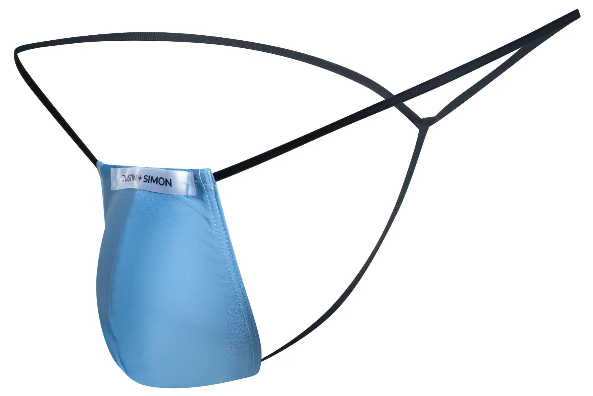 Light blue satin classic g-string with black elastic straps and silver tush simon label by justin simon