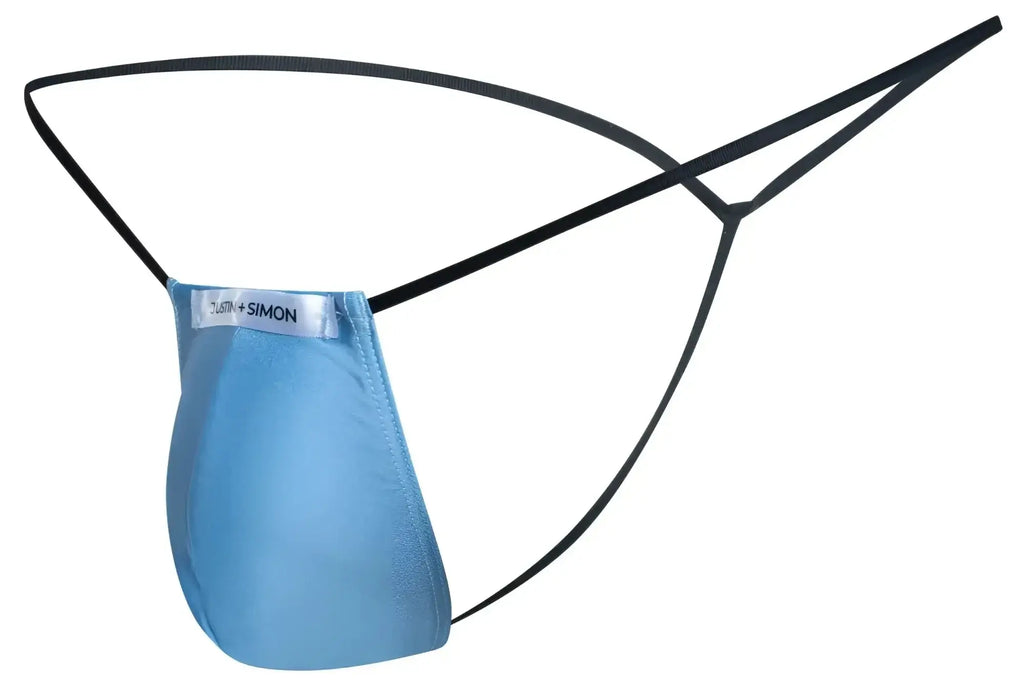 Light blue satin classic g-string with black elastic straps and silver tush simon label by justin simon