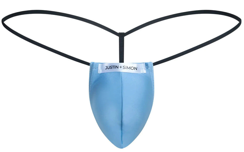 Light blue classic g-string thong by JUSTIN+SIMON with sleek form-fitting design and black elastic straps front view