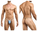 Light blue thin-strap thong with black elastic bands and small white logo front by Justin Simon XSJ02 classic g-string