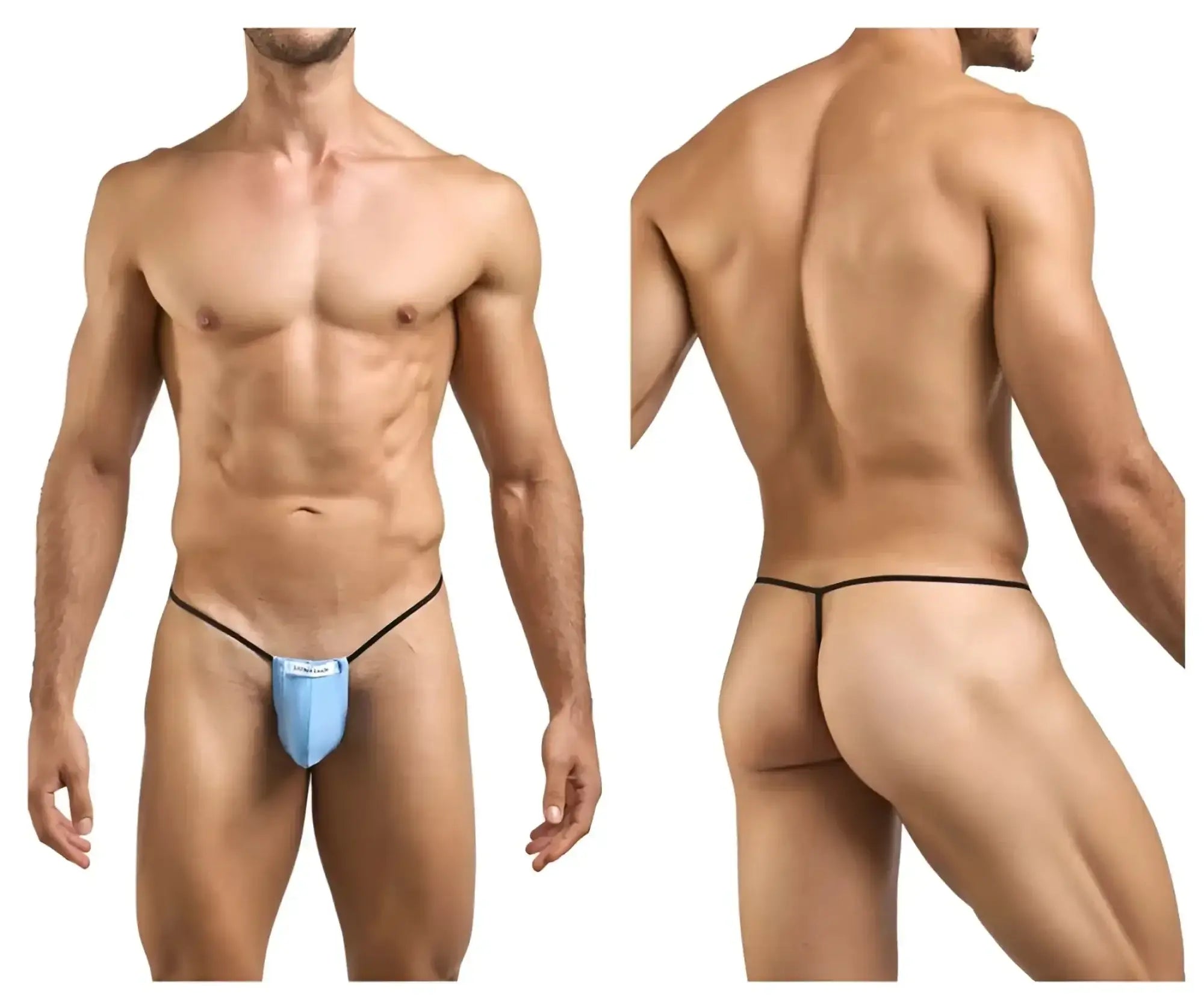 Light blue thin-strap thong with black elastic bands and small white logo front by Justin Simon XSJ02 classic g-string