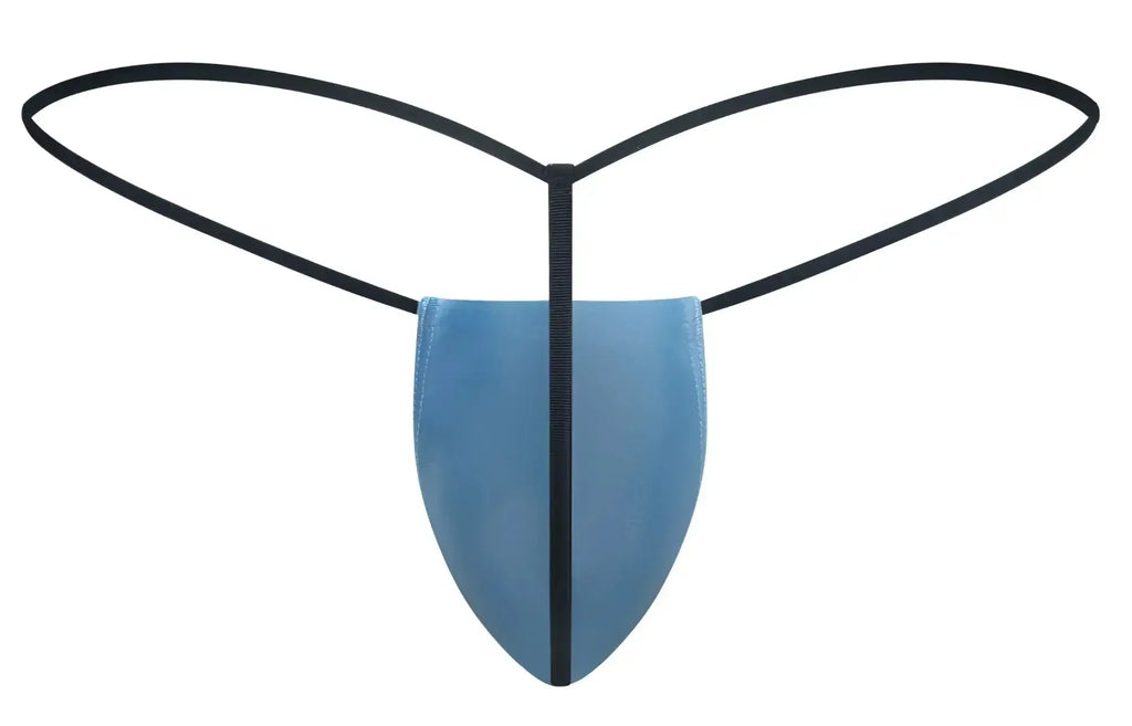 Blue thong g-string with black elastic bands and central seam from justin simon xsj02 classic collection baby blue color