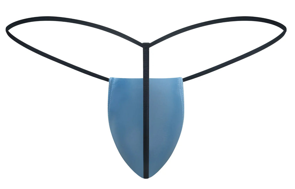 Blue thong g-string with black elastic bands and central seam from justin simon xsj02 classic collection baby blue color