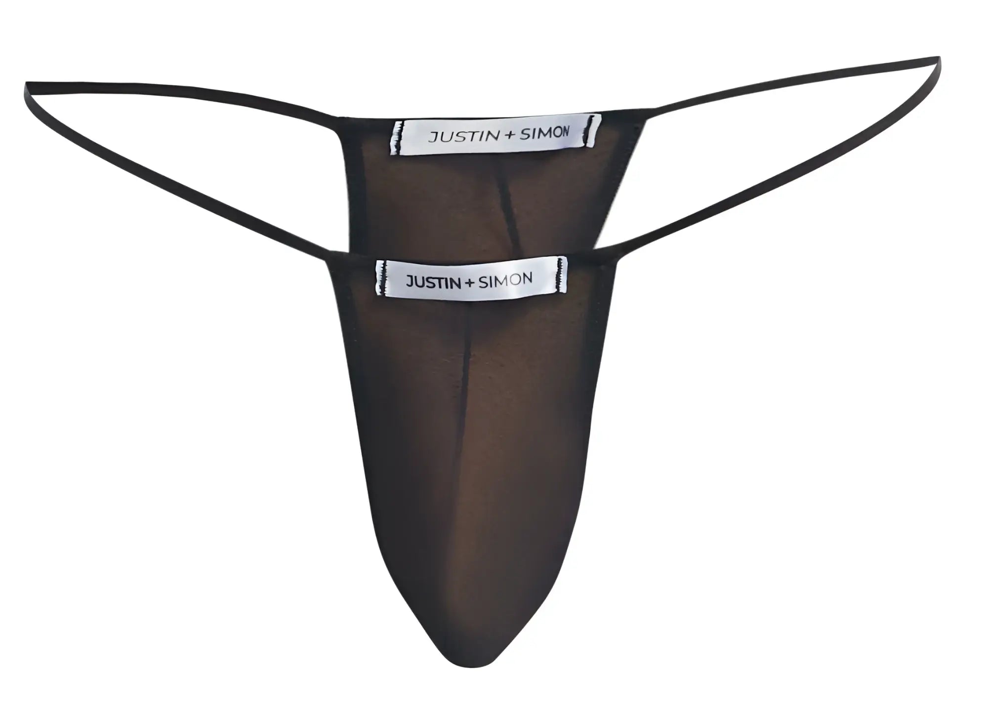 Black sheer mesh thong with thin elastic straps and justin simon branding on white tags front view