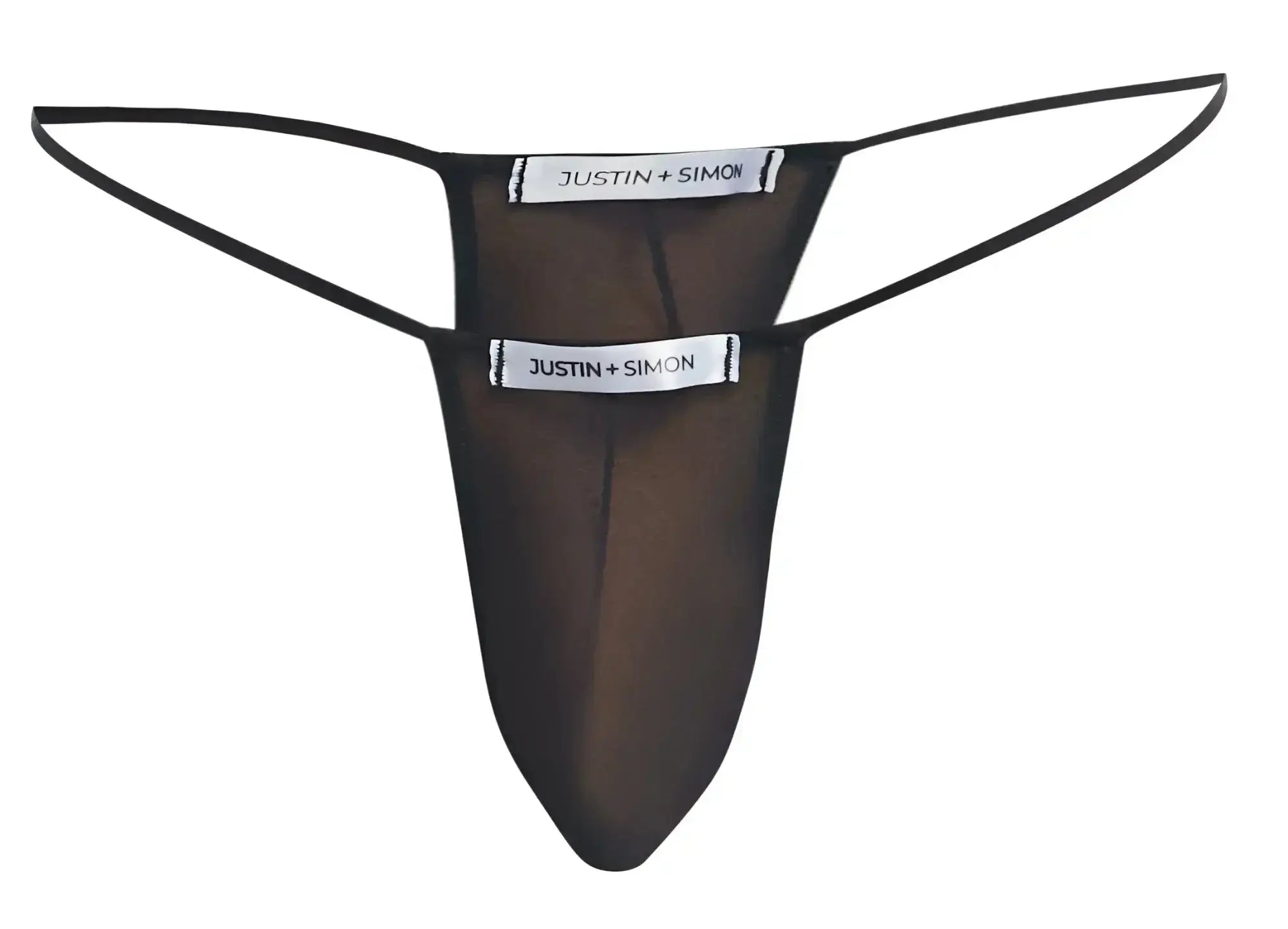 Black sheer mesh thong with thin elastic straps and justin simon branding on white tags front view