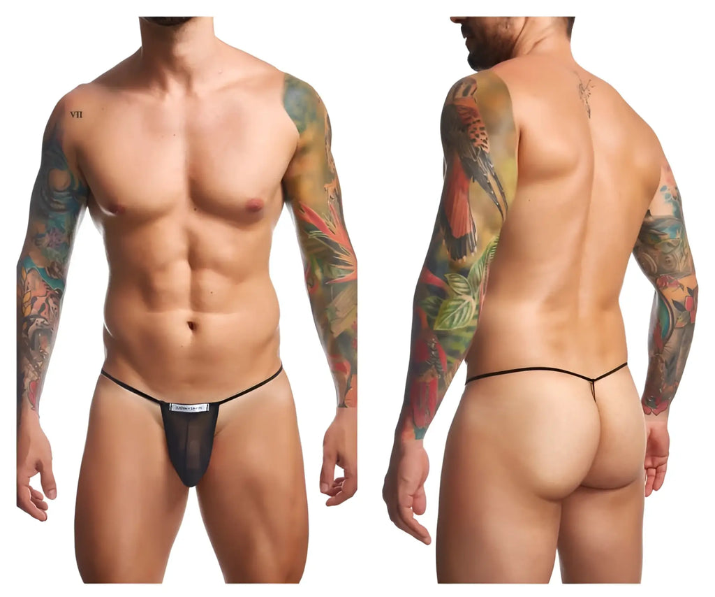 Black mesh classic g-string thong with thin elastic waistband and small white label front by justin simon