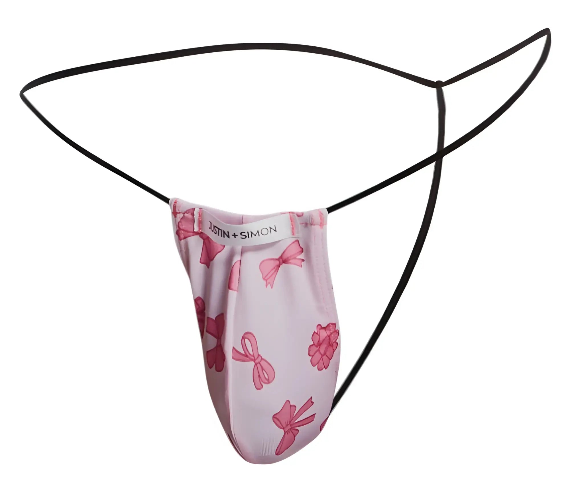 Pink bow-patterned justin and simon coquette classic g-string thong with black elastic straps shown from the back side