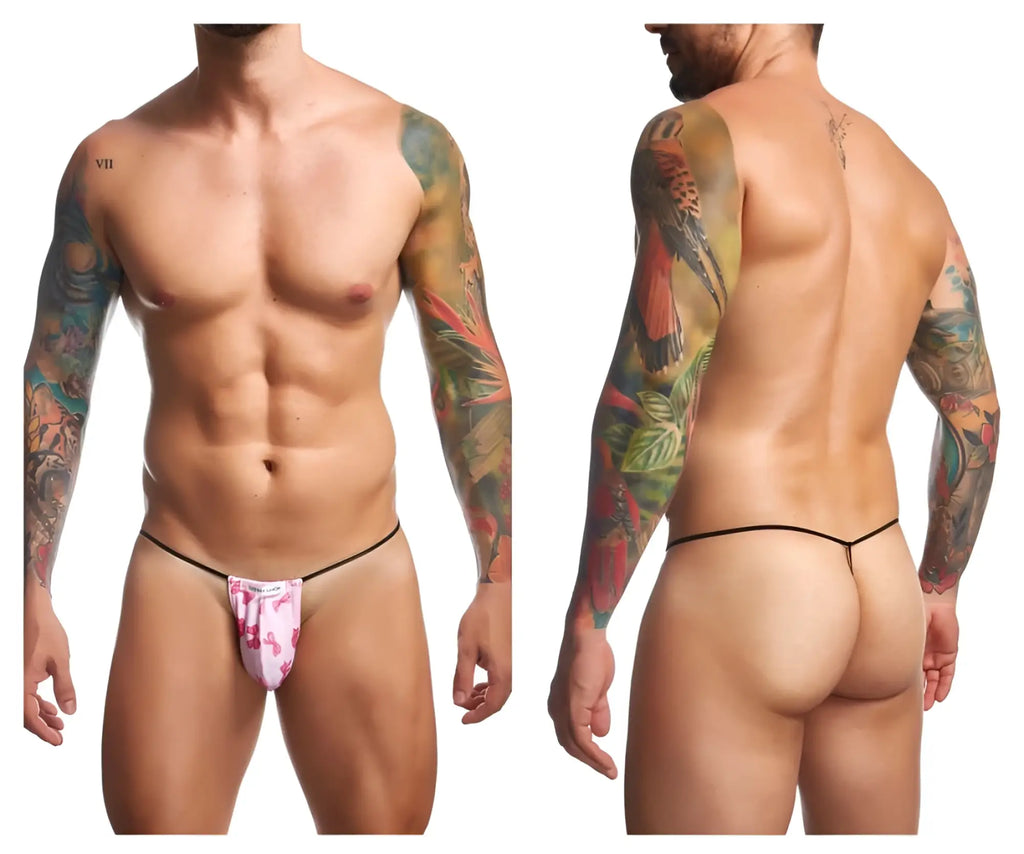 Justin+Simon classic g-string in pink flamingo pattern with black elastic waistband showing front side