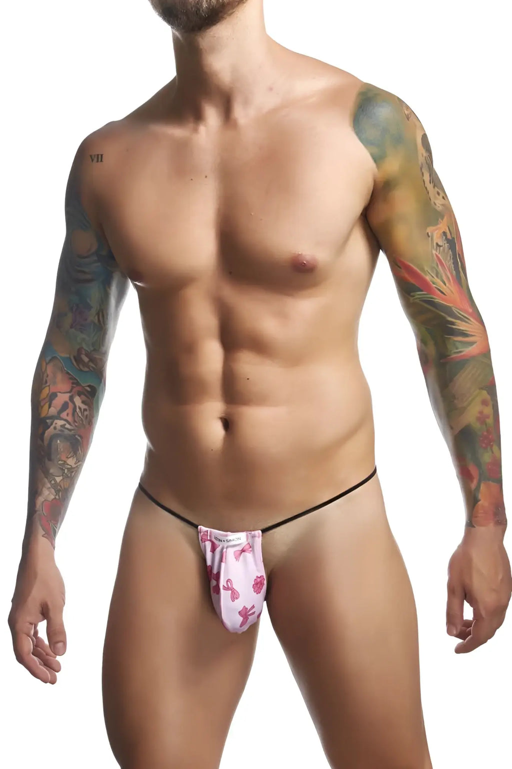 Justin Simon XSJ02 classic g-string in pink patterned briefs with black waistband for comfortable everyday wear