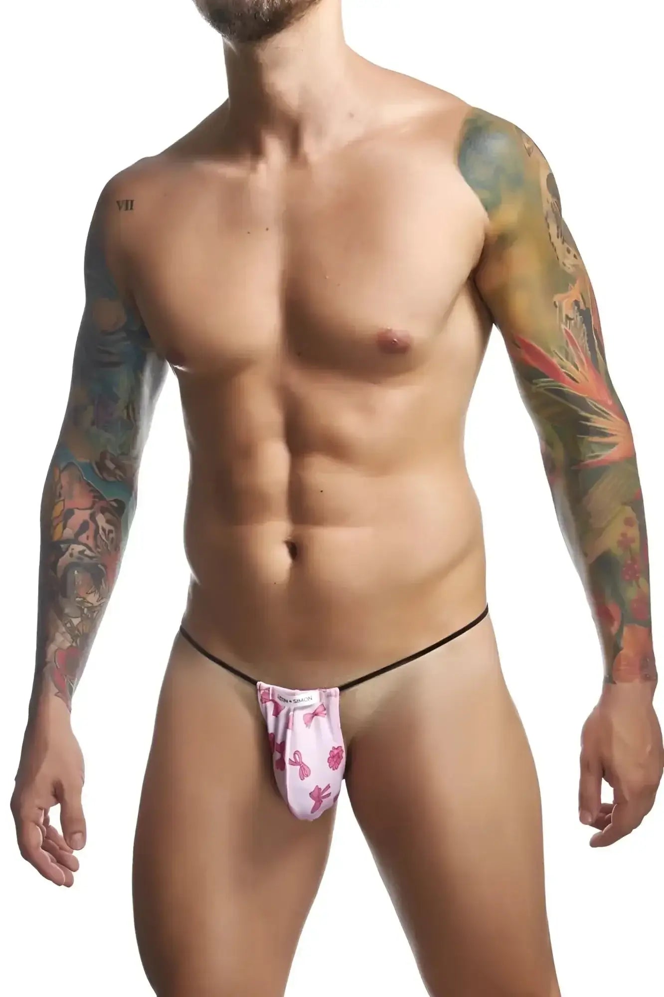 Justin Simon XSJ02 classic g-string in pink patterned briefs with black waistband for comfortable everyday wear