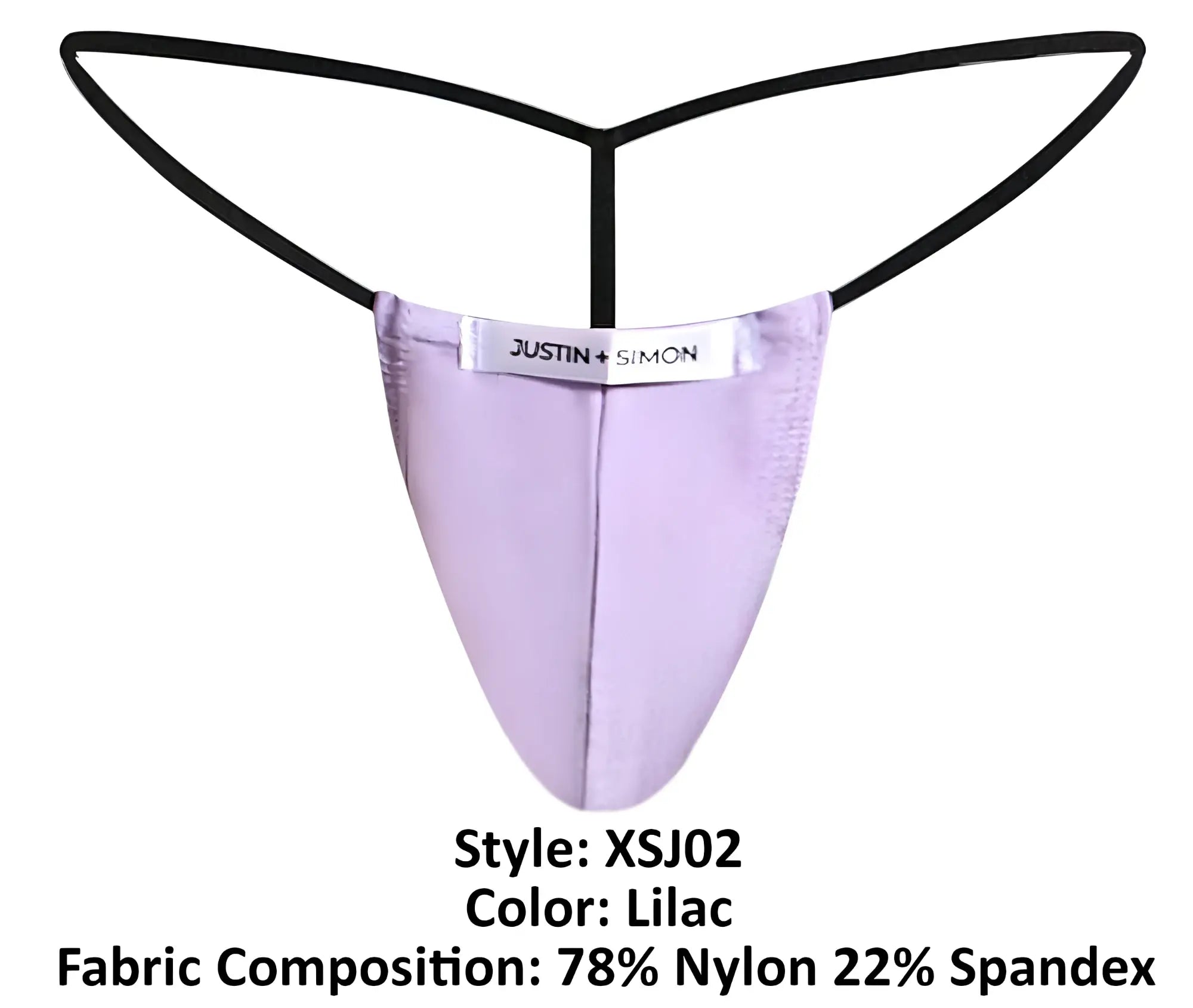 Lilac justin simon classic g-string thong with black elastic straps made of nylon-spandex blend fabric