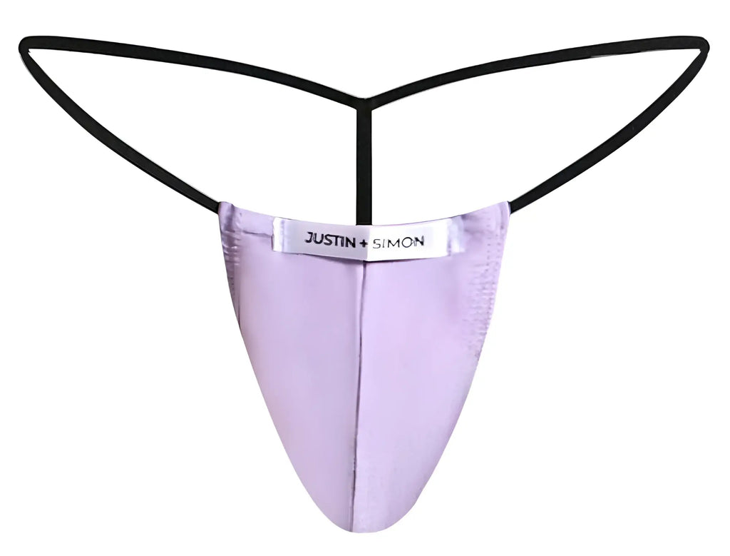 Lavender satin thong with black elastic straps and justin simon label in classic g-string lilac color