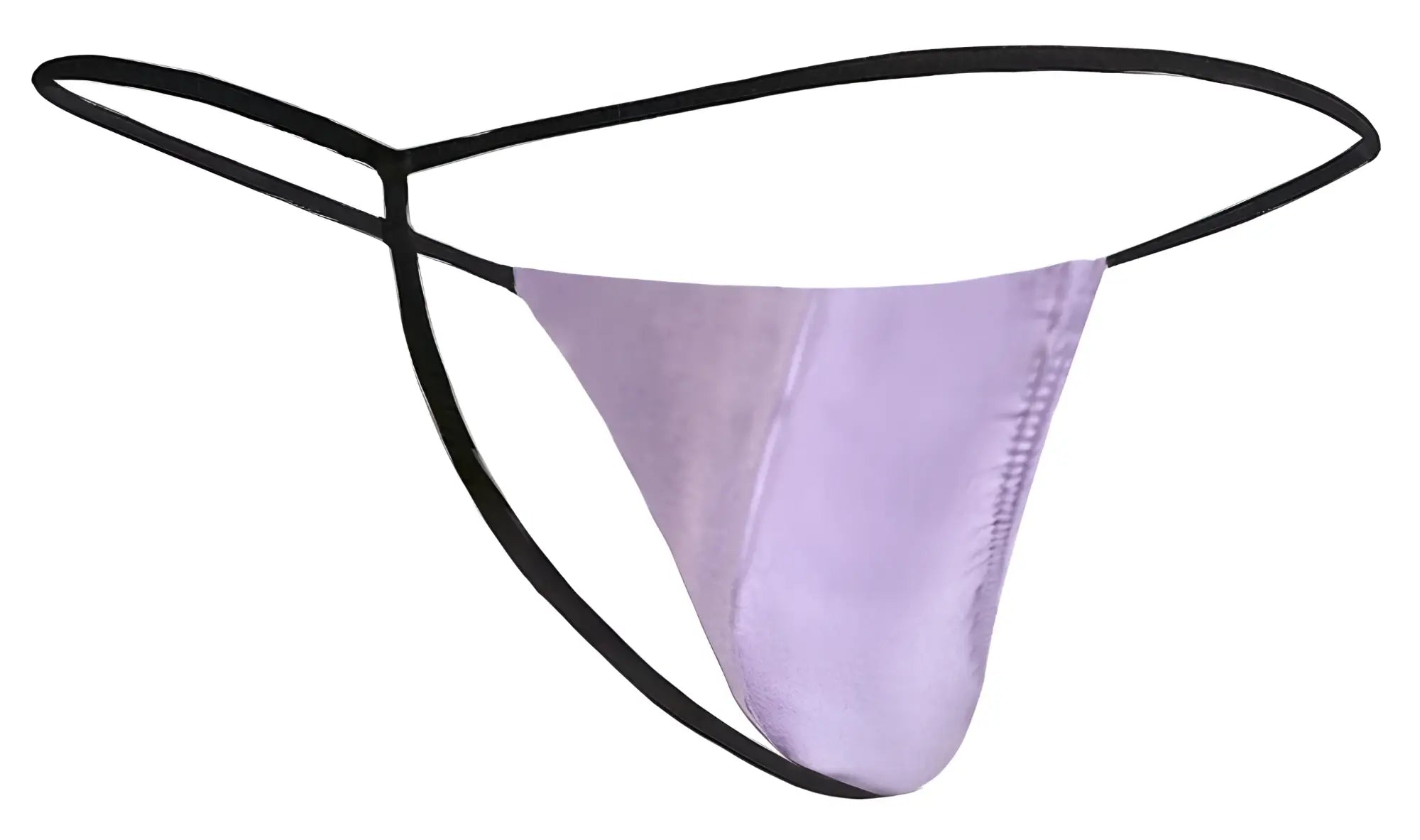 Lavender satin thong with black elastic straps from JUSTIN SIMON xsj02 classic g-string color lilac shown from the front