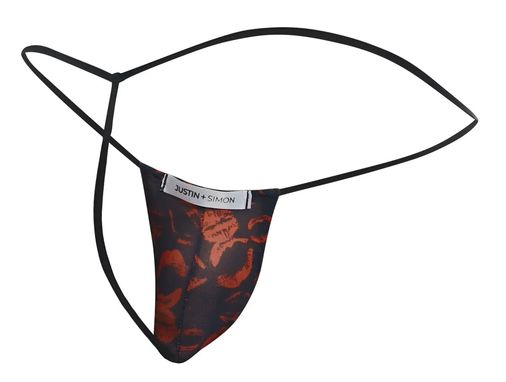 Black and orange floral-patterned thong by justin plus simon with thin black elastic straps classic g-string color lips