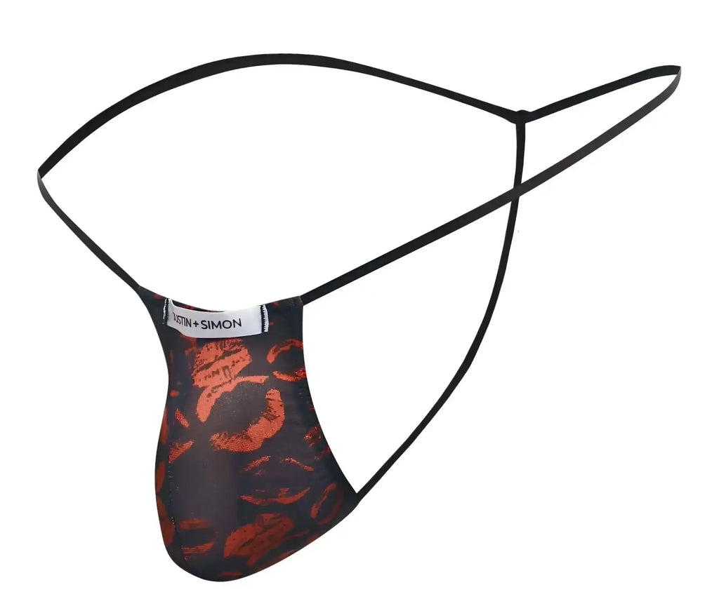 Black classic g-string with orange lipstick print and thin straps branded justin simon xsj02 color lips