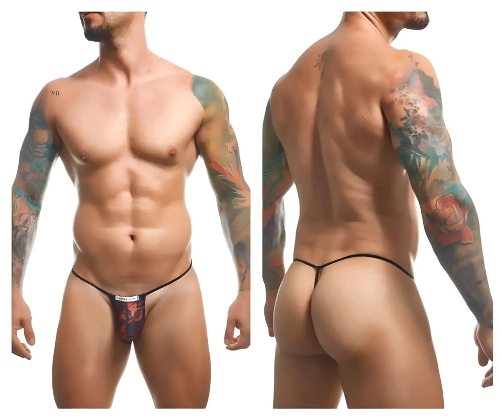 Justin+Simon XSJ02 classic g-string black thong with vibrant red and blue floral pattern on the front