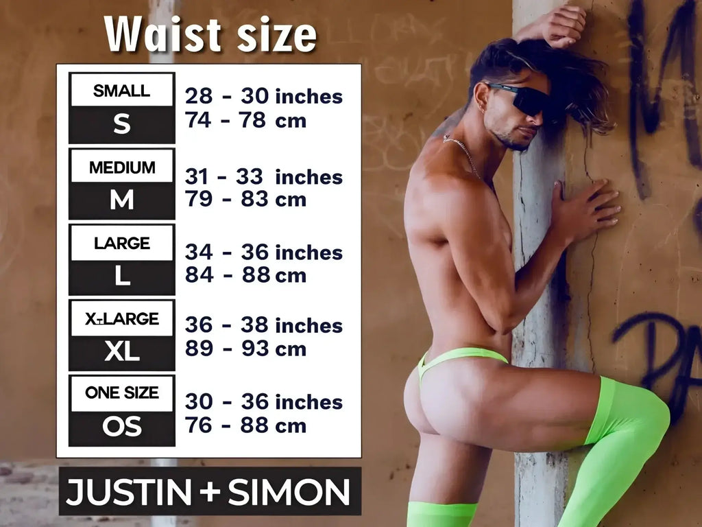 Neon green high-waisted briefs with thigh-high stockings from justin simon classic g-string color lips collection