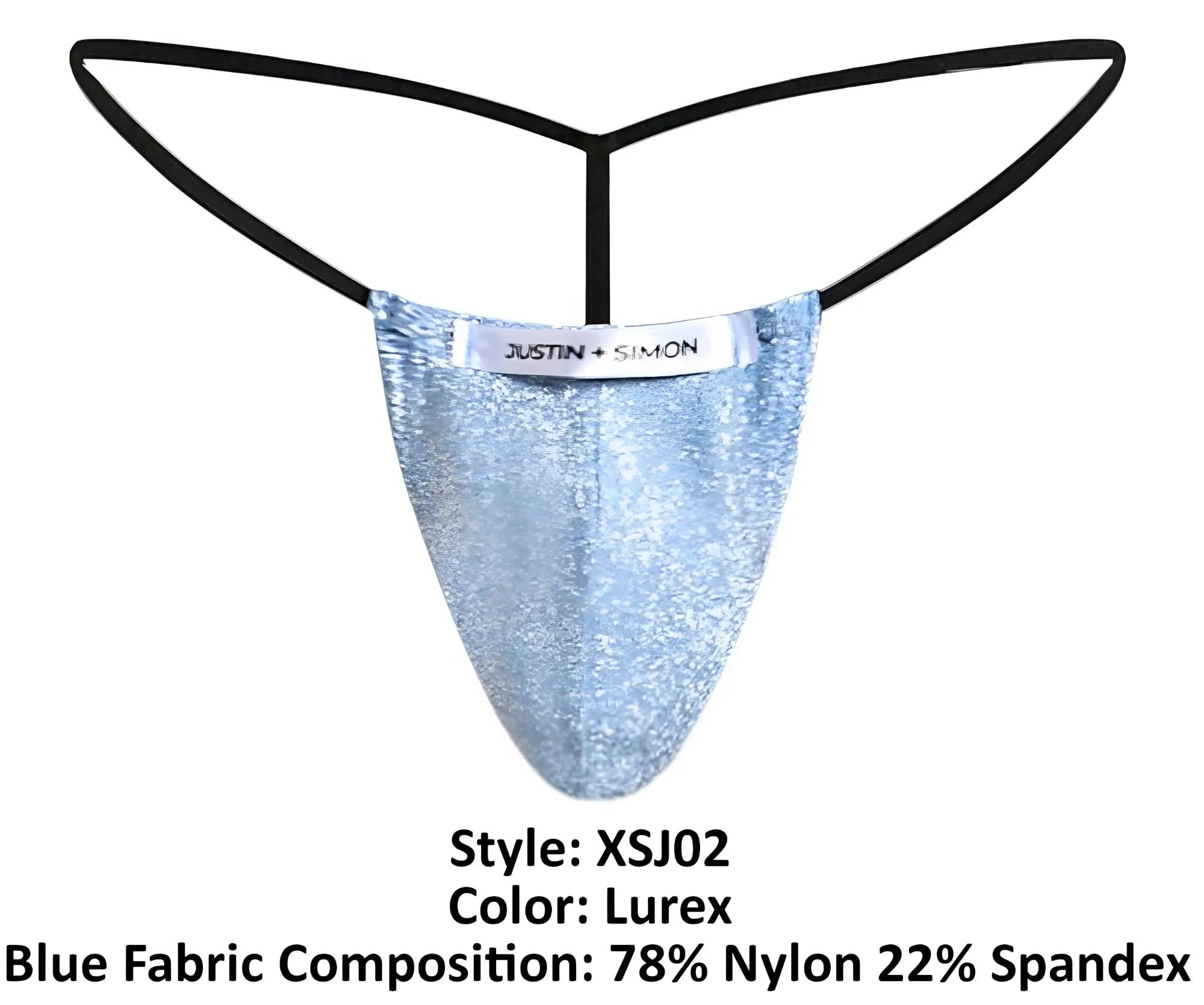 Light blue glittery lurex fabric thong with black elastic straps and justin simon brand label classic g-string
