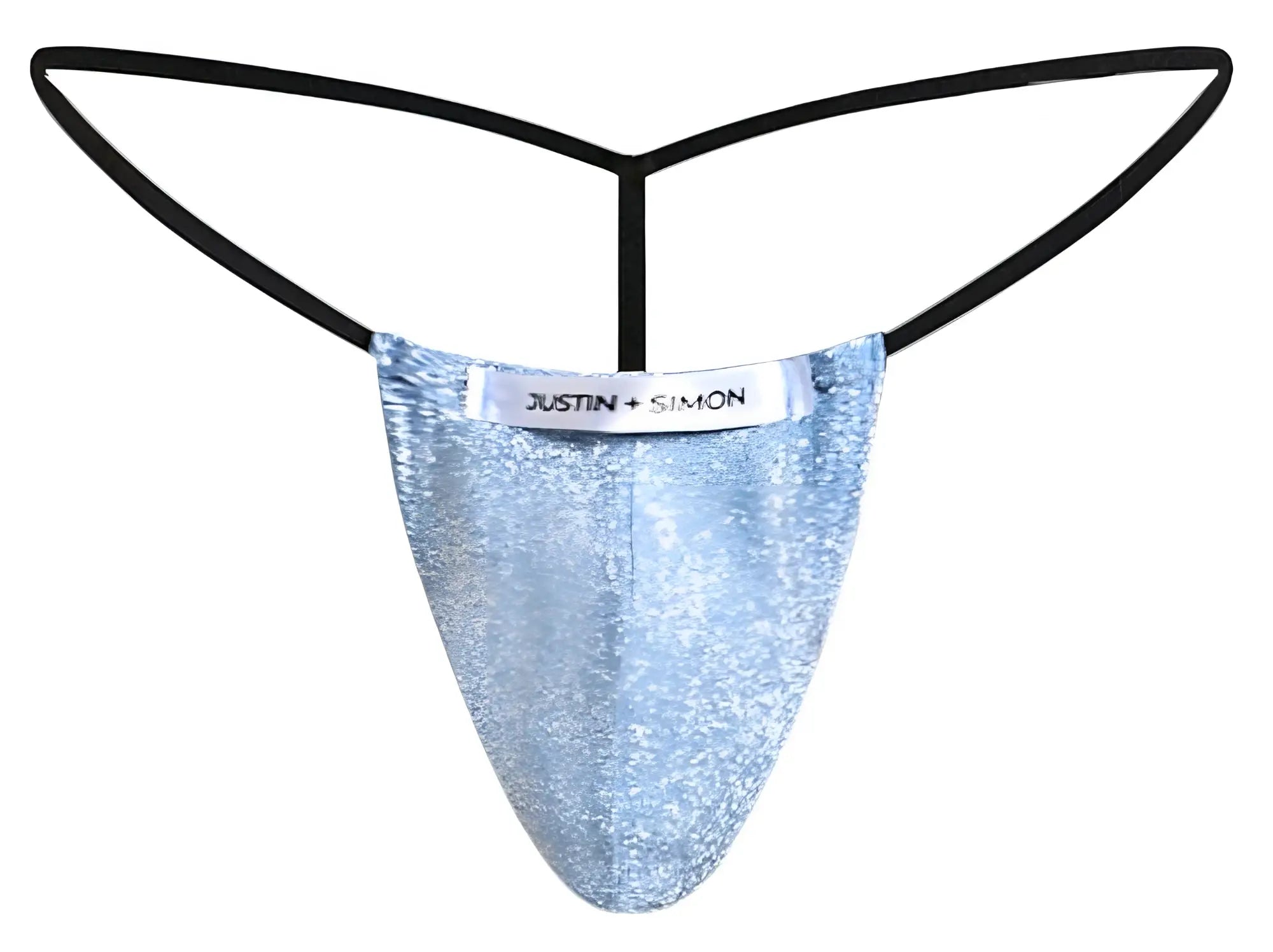 Light blue lurex sequined thong with black elastic straps and justin simon brand label front view