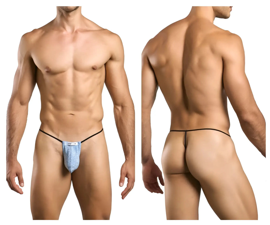 Blue textured fabric thong with black elastic waistband from JUSTIN+SIMON XSJ02 classic g-string color Lurex Blue