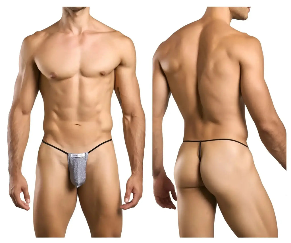 Silver mesh thong with black elastic waistband and straps from justin simon xsj02 classic g-string lurex gray collection