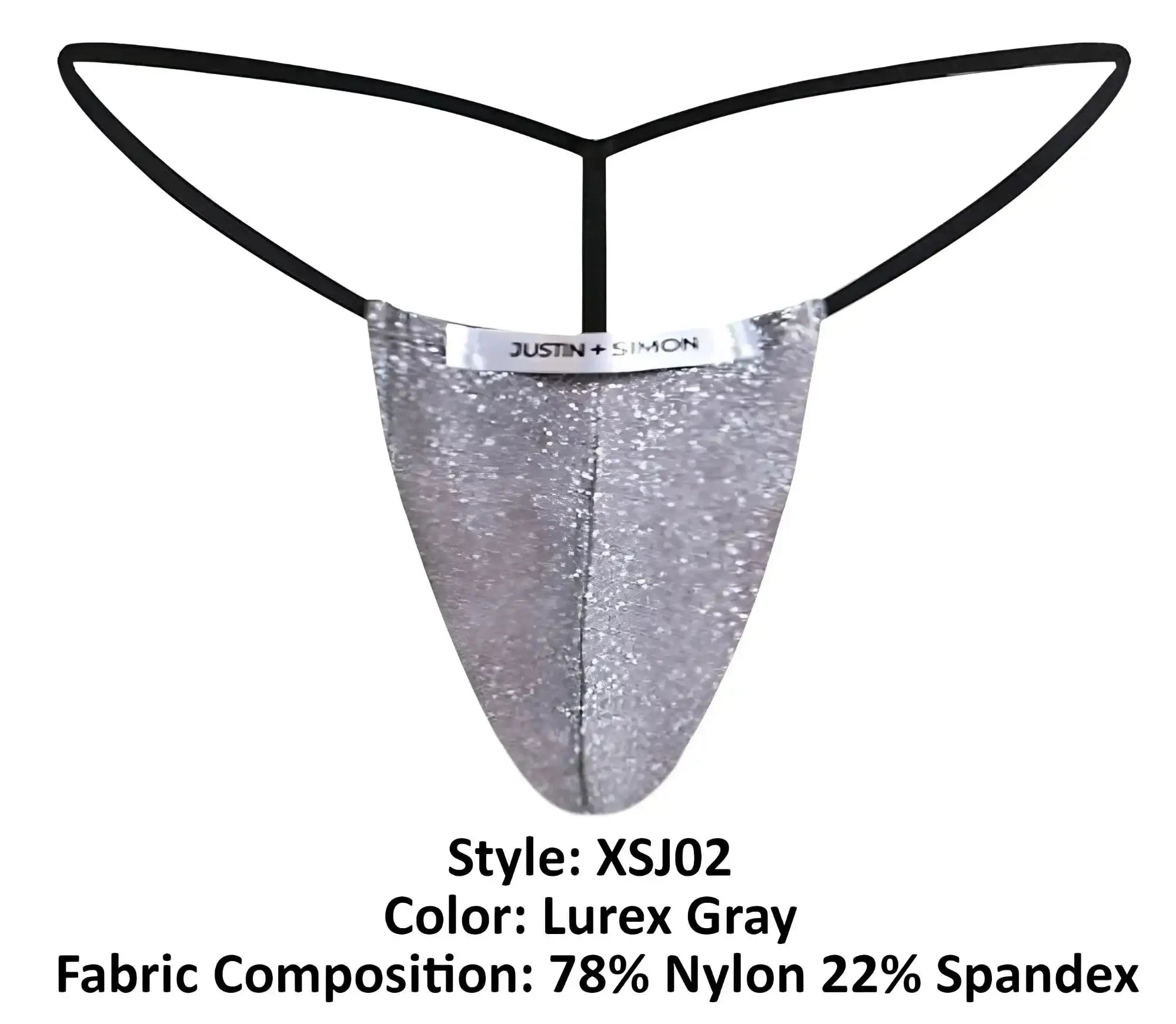 Silver glittery lurex gray thong from justin simon style xsj02 showing classic g-string design back side