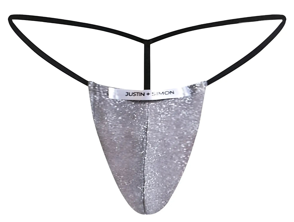Silver glittery lurex gray classic g-string thong with black elastic straps and justin simon brand label