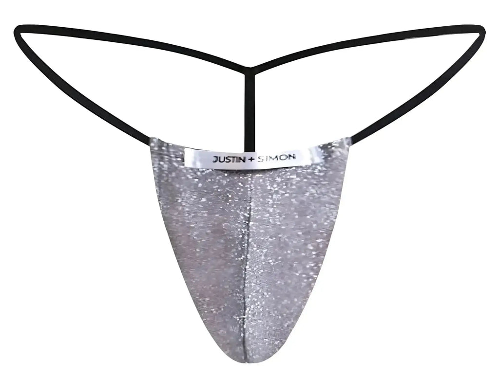 Silver glittery lurex gray classic g-string thong with black elastic straps and justin simon brand label