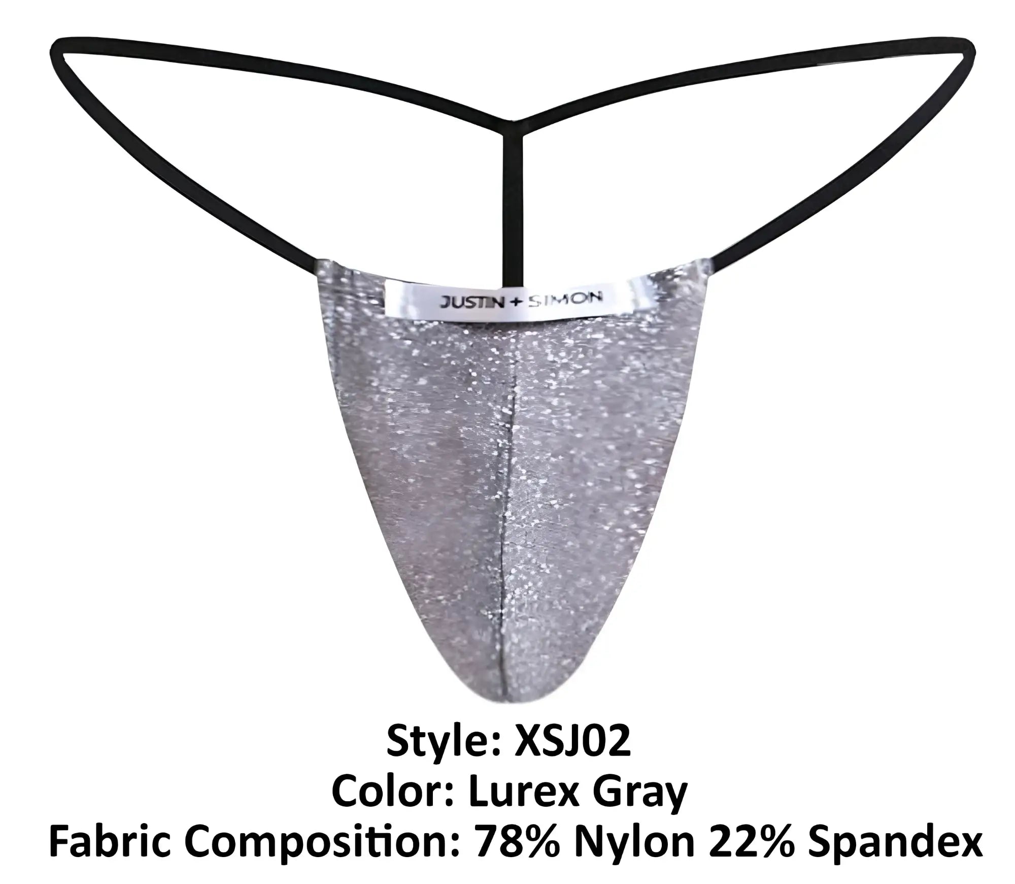 Silver glittery lurex gray thong from justin simon style xsj02 showing classic g-string design back side