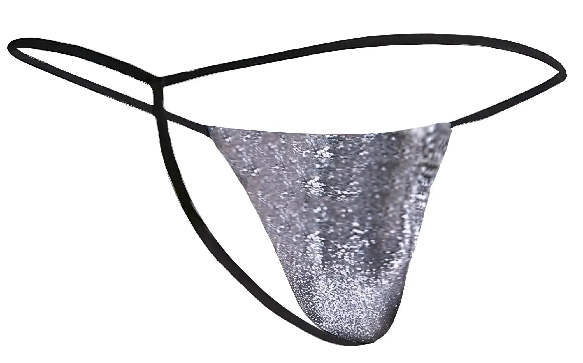 Justin simon classic g-string with silver lurex gray sequined thong and black elastic straps front view