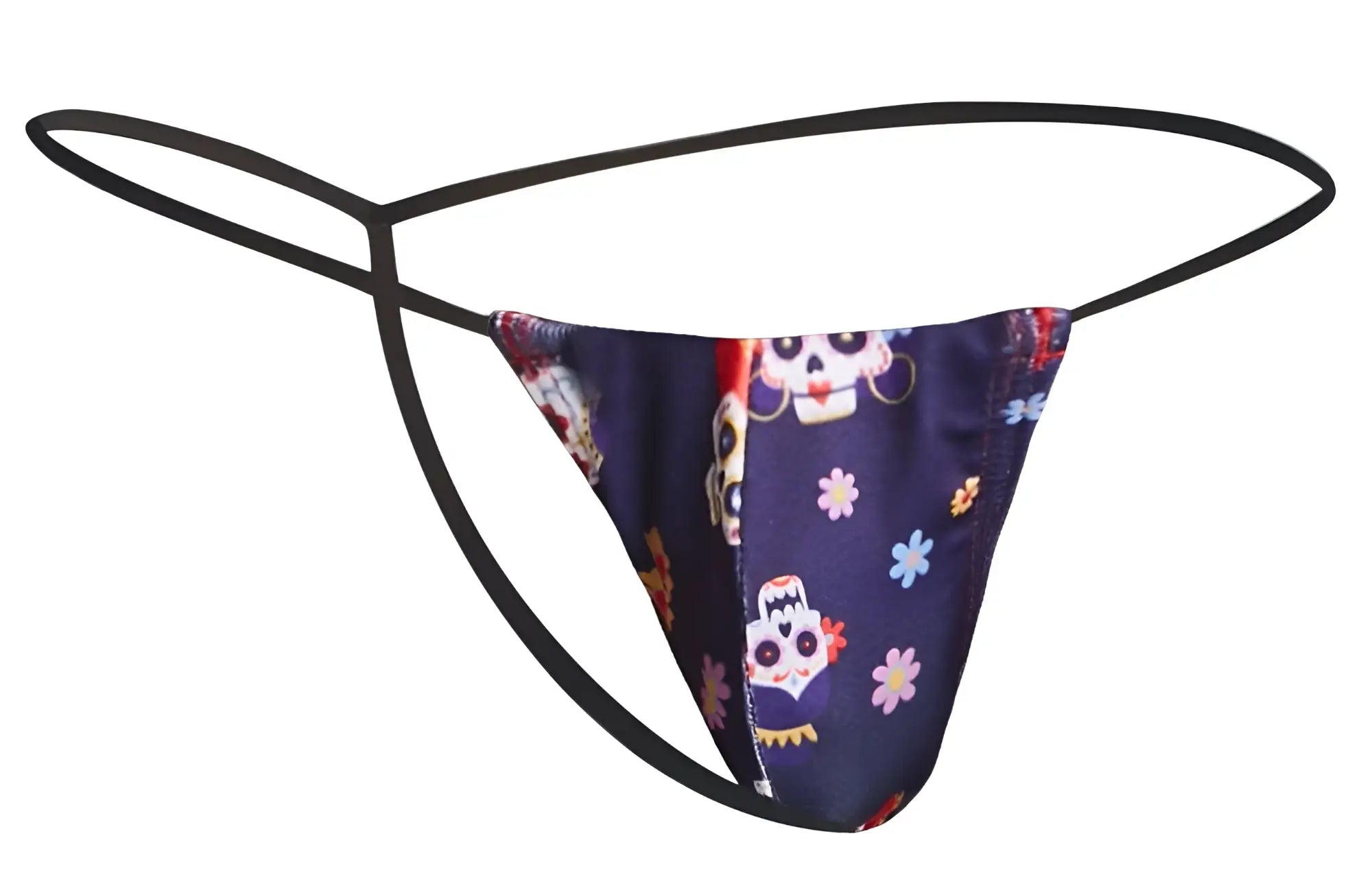 Dark blue satin thong with vibrant sugar skull and floral pattern and black elastic straps from Justin Simon