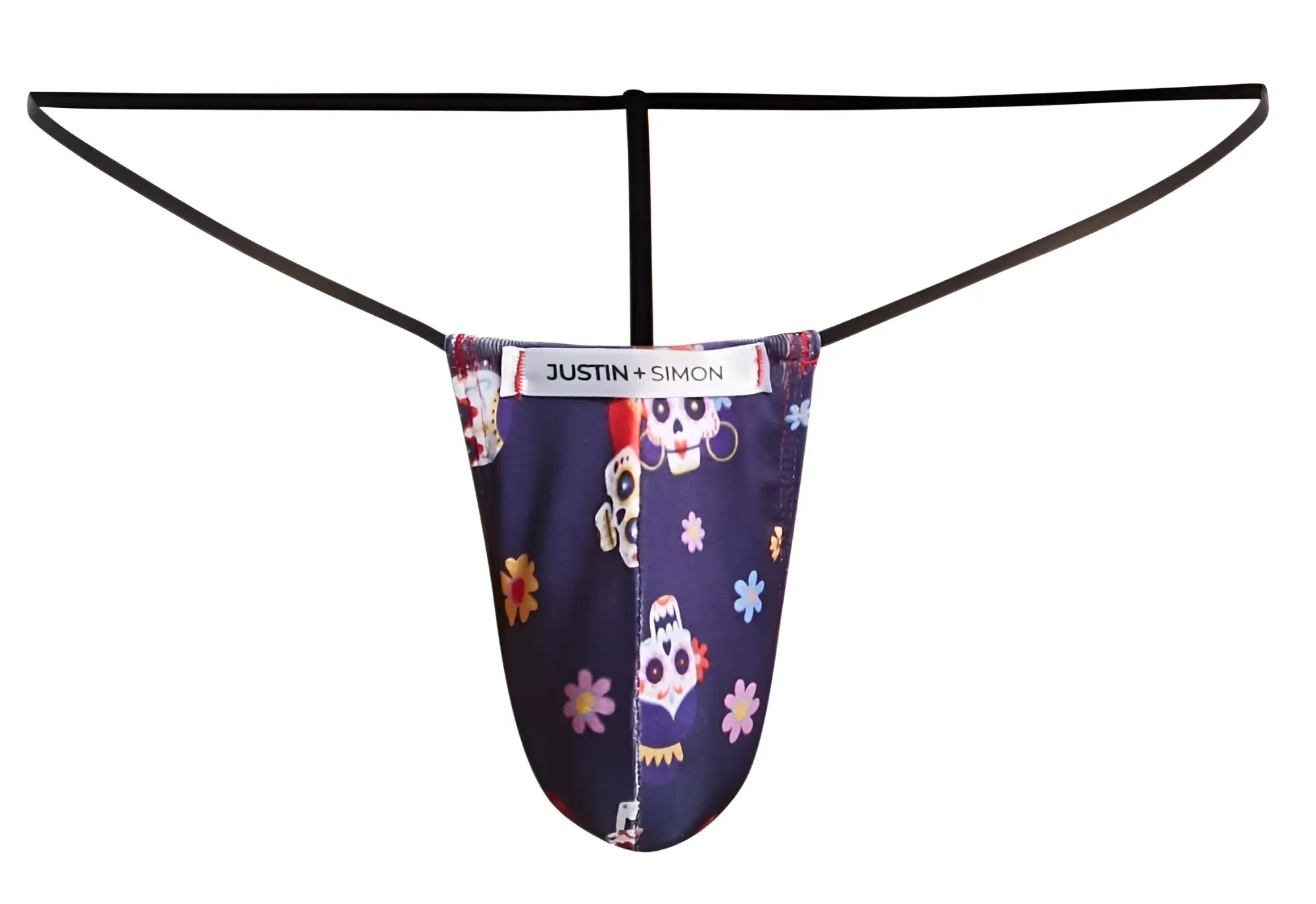 Dark blue justin simon xsj02 classic g-string with colorful sugar skull floral pattern and black elastic straps visible from back