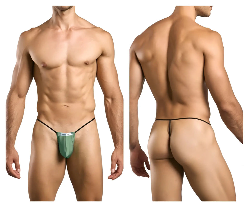 Justin+Simon xsj02 classic g-string green mesh thong with black elastic waistband and leg straps front view