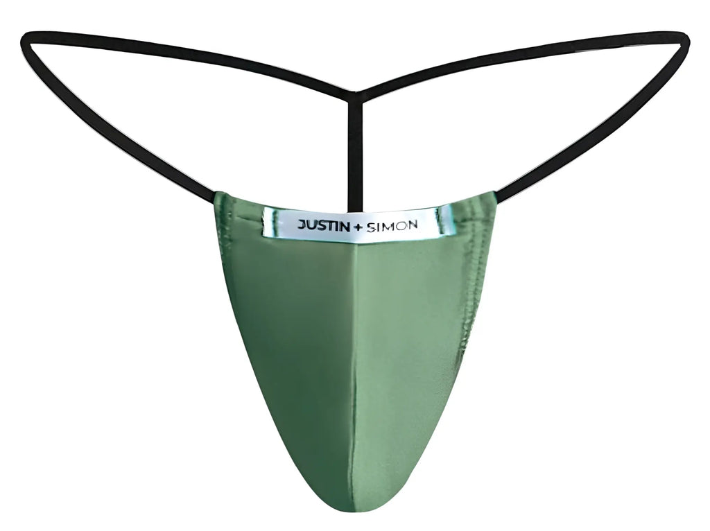 Green satin thong with black elastic straps and justin simon brand label in justin simon xsj02 classic g string