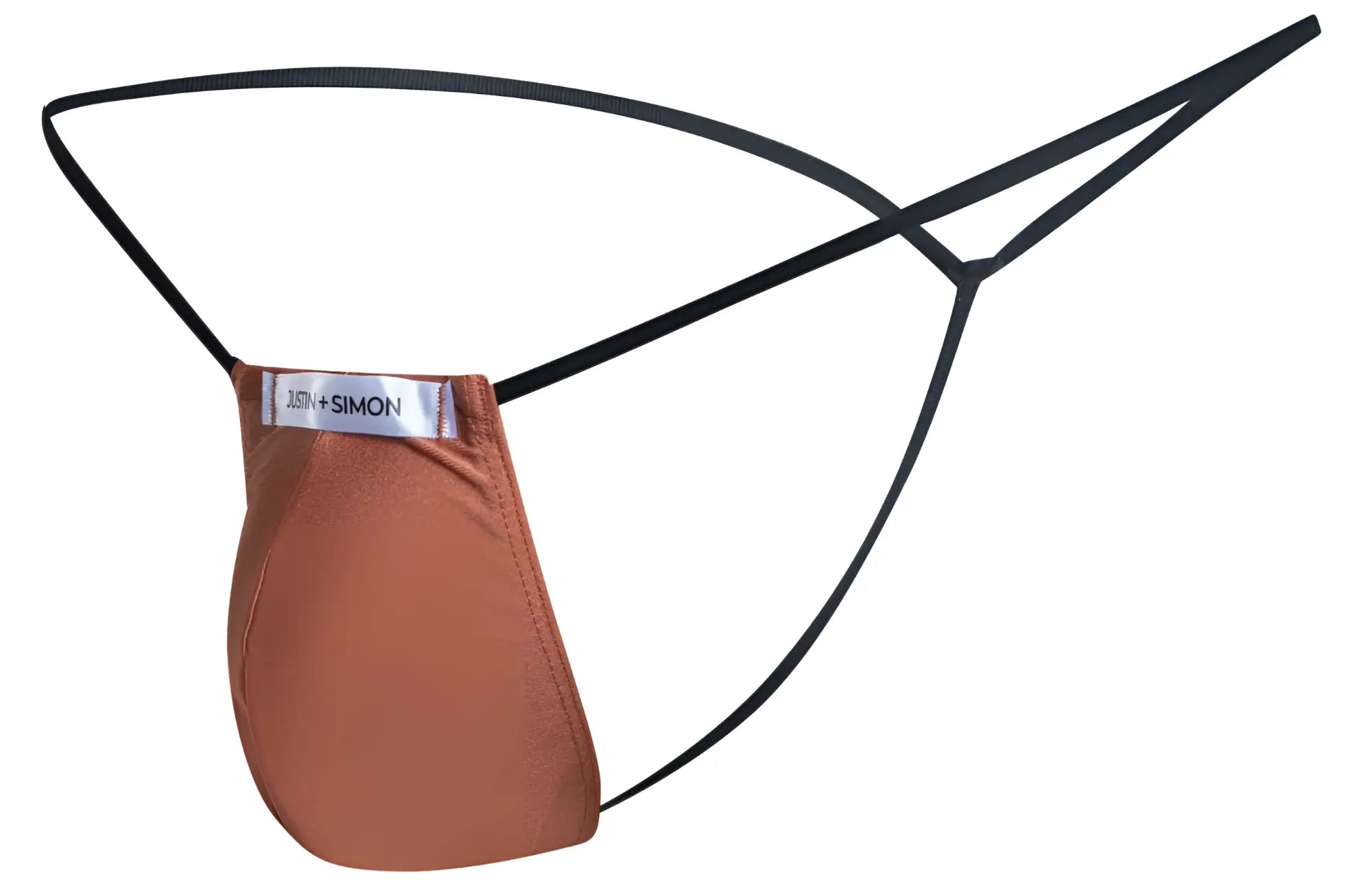 Brown fabric thong with black elastic straps and just simon label in the justin simon xsj02 classic g string ochre color