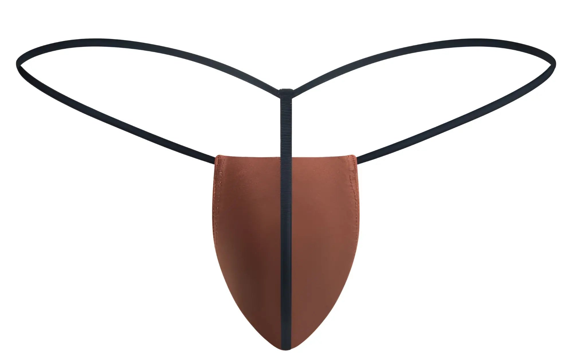 Brown leather thong with black elastic straps in ochre color by justin simon classic g string xsj02 model