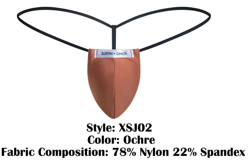 Ochre-colored triangular thong with black elastic straps and justin plus simon label in classic g-string style