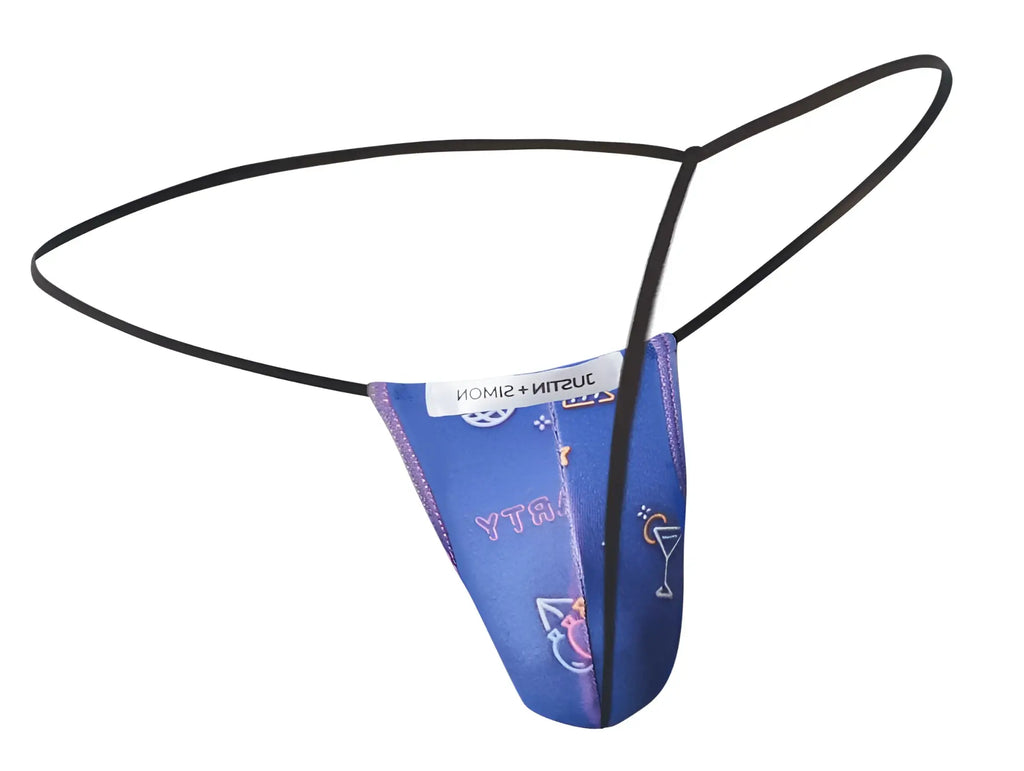 Blue patterned thong with black elastic straps and justin simon label from justin simon xsj02 classic g-string party color