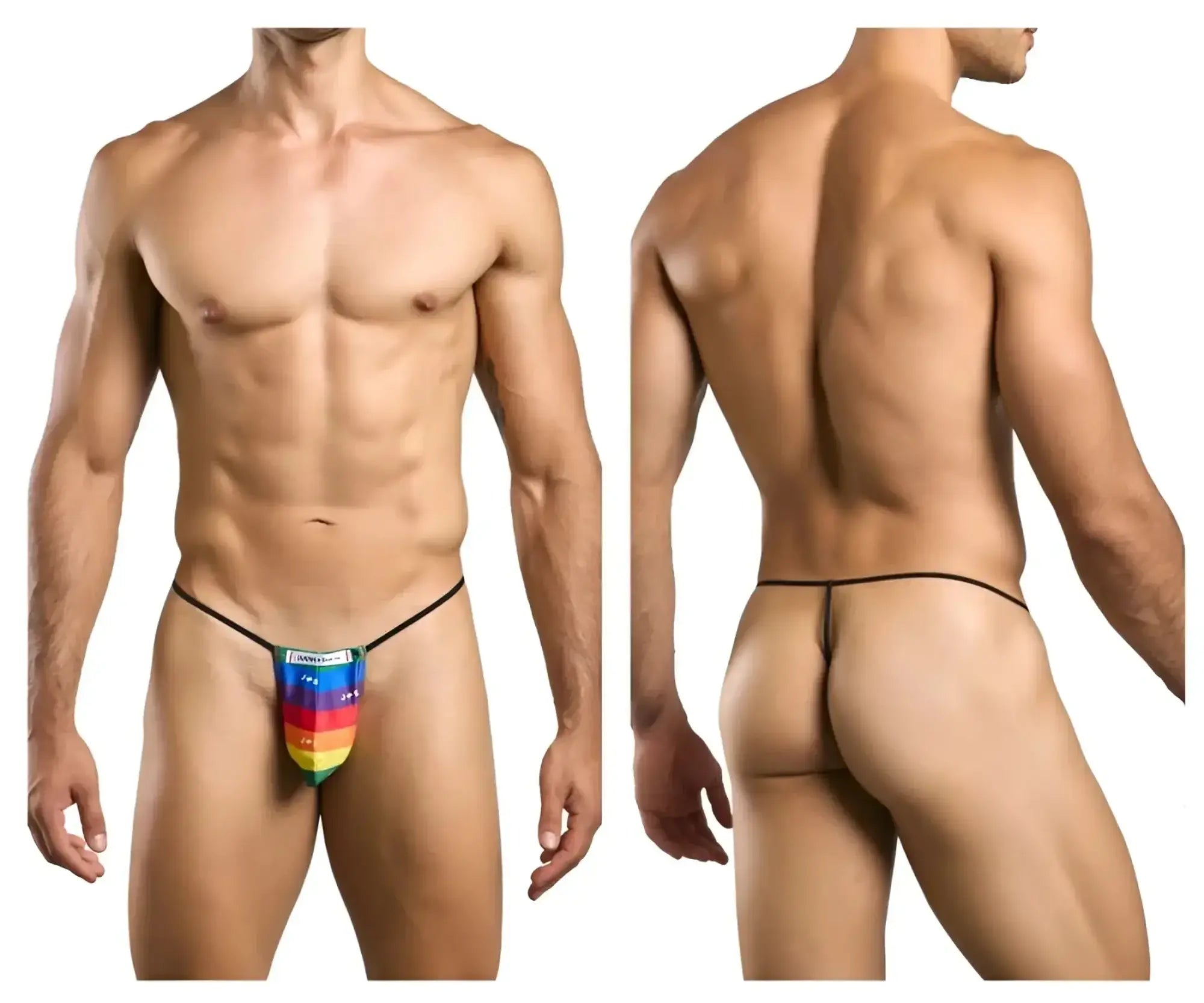 Justin+Simon XSJ02 classic G-string thong with rainbow stripes and black elastic waistband and leg straps