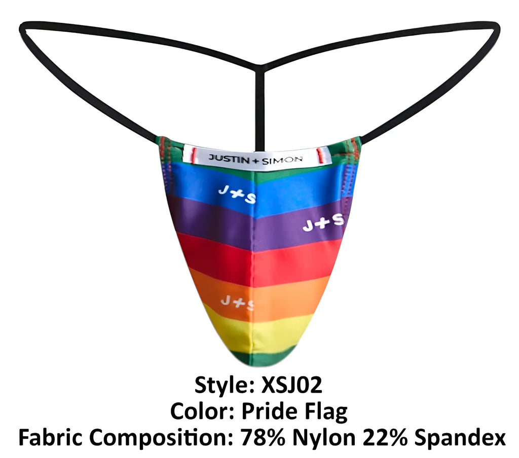 Justin simon classic g-string in pride flag colors with black elastic straps and rainbow-striped thong design
