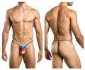 Justin+Simon XSJ02 classic G-string thong with rainbow stripes and black elastic waistband and leg straps