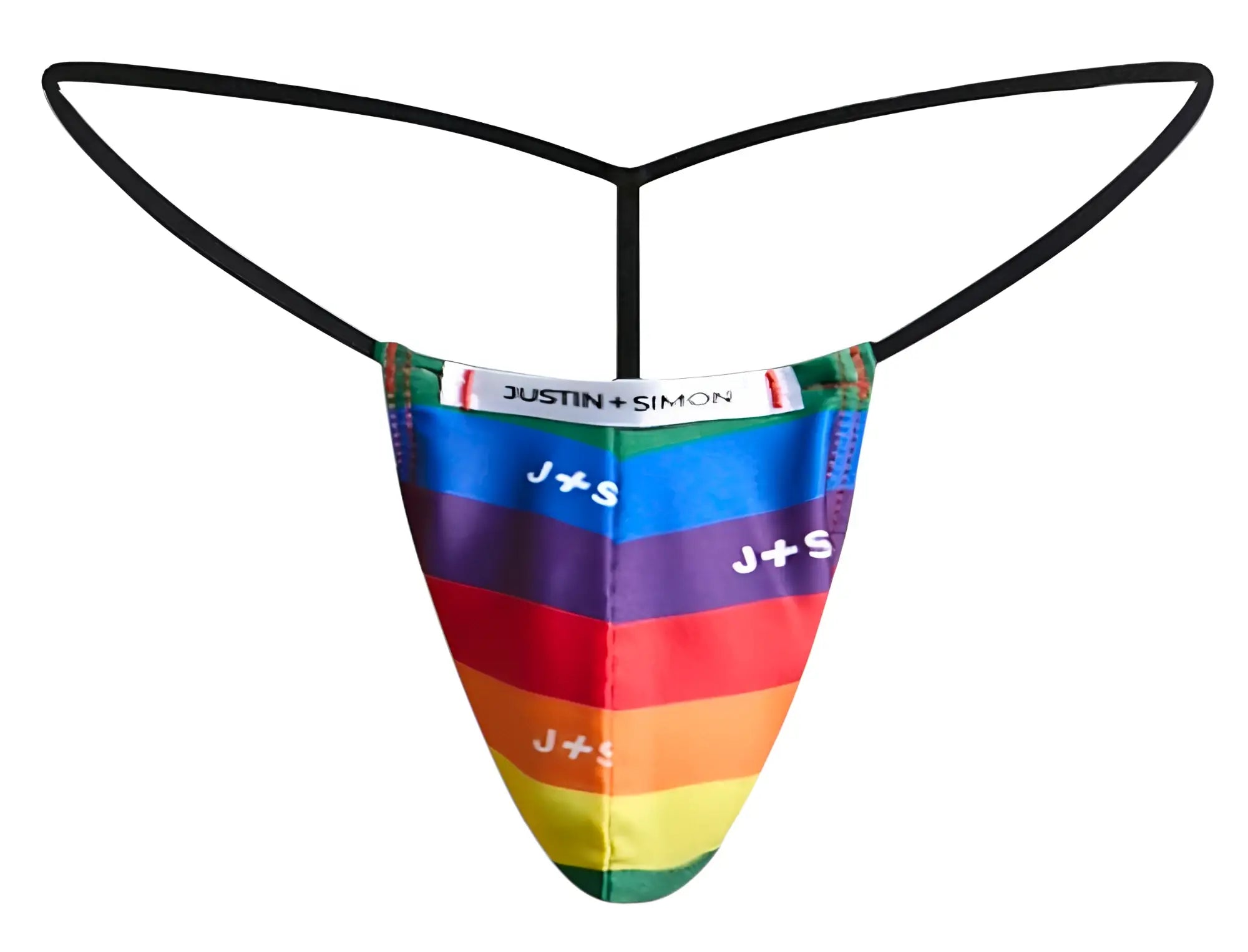 Rainbow-striped thong with black elastic straps and justin simon branding in the back view classic g-string pride flag