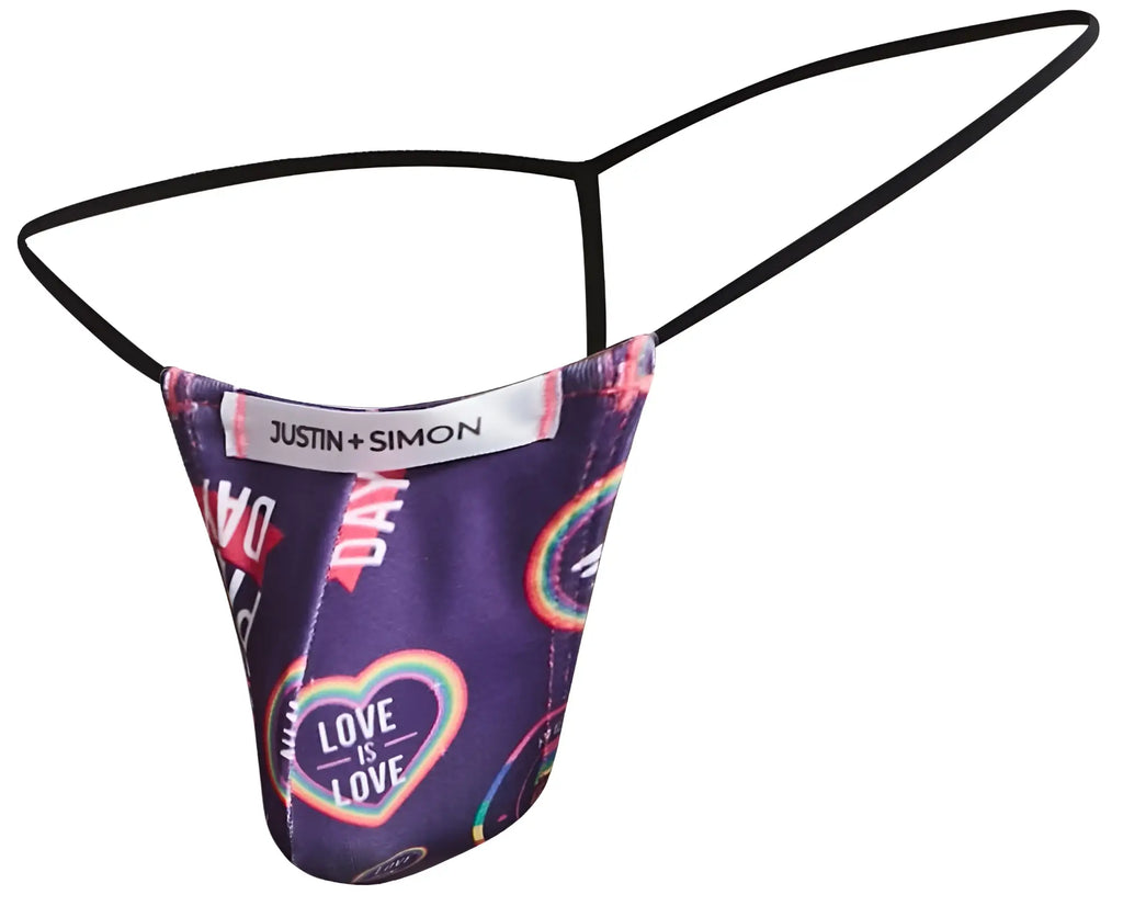 Purple patterned thong with black elastic straps and justin simon brand label in classic xsj02 g-string color pride design