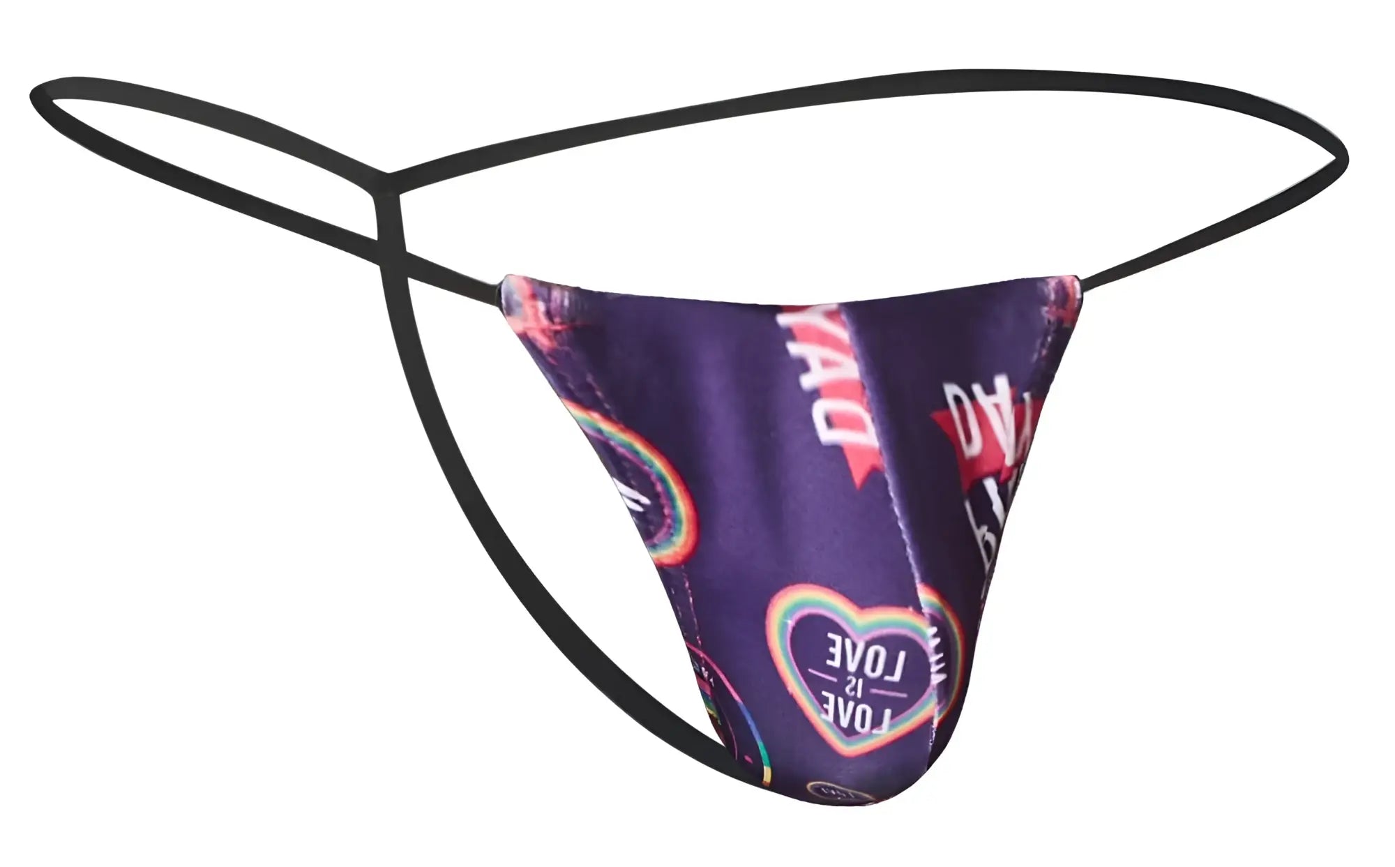 Purple thong with black elastic straps and rainbow heart pattern featuring love text in justin simon classic g-string