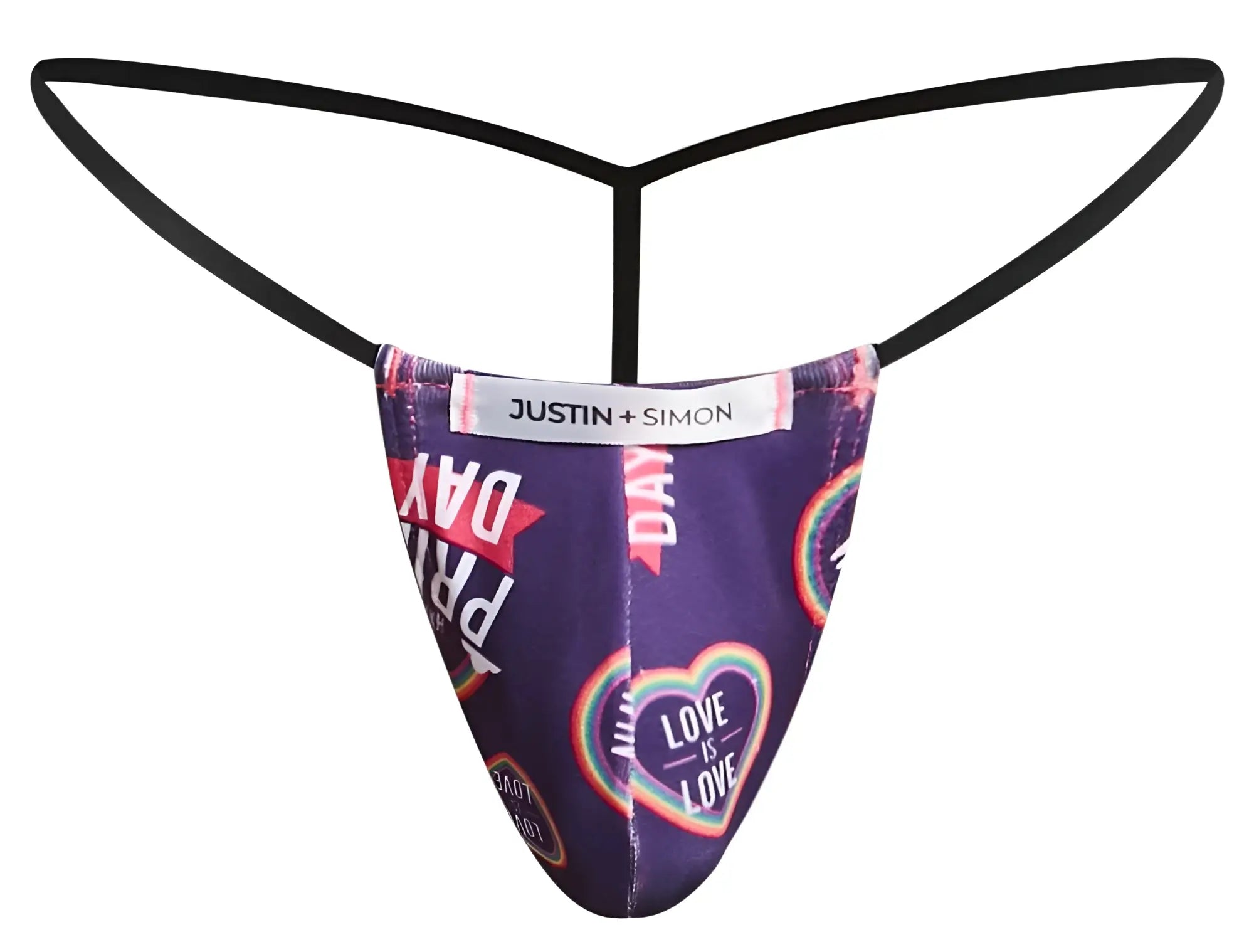 Purple justin + simon classic g-string thong with black elastic straps and vibrant rainbow hearts pride day print