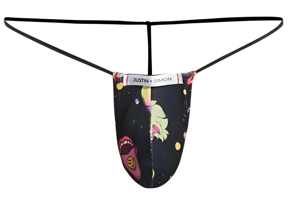 Black justin simon xsj02 classic g-string thong with vibrant cartoon graphic of pink lips yellow hair and celestial elements