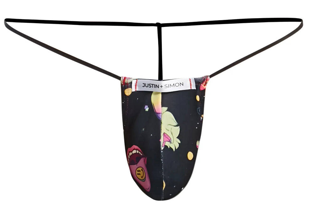 Black justin simon xsj02 classic g-string thong with vibrant cartoon graphic of pink lips yellow hair and celestial elements