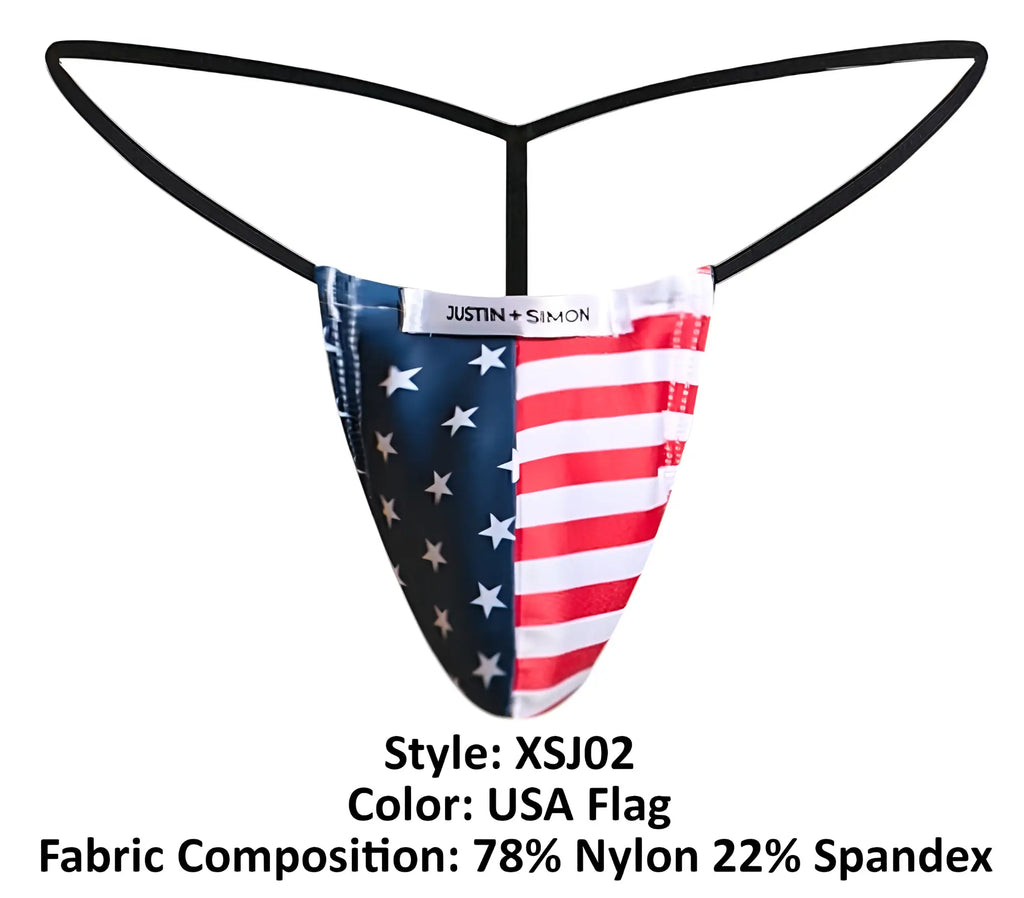 Justin+simon xsj02 classic g-string in american flag-themed red white and blue stretchy nylon spandex blend with stars on left side