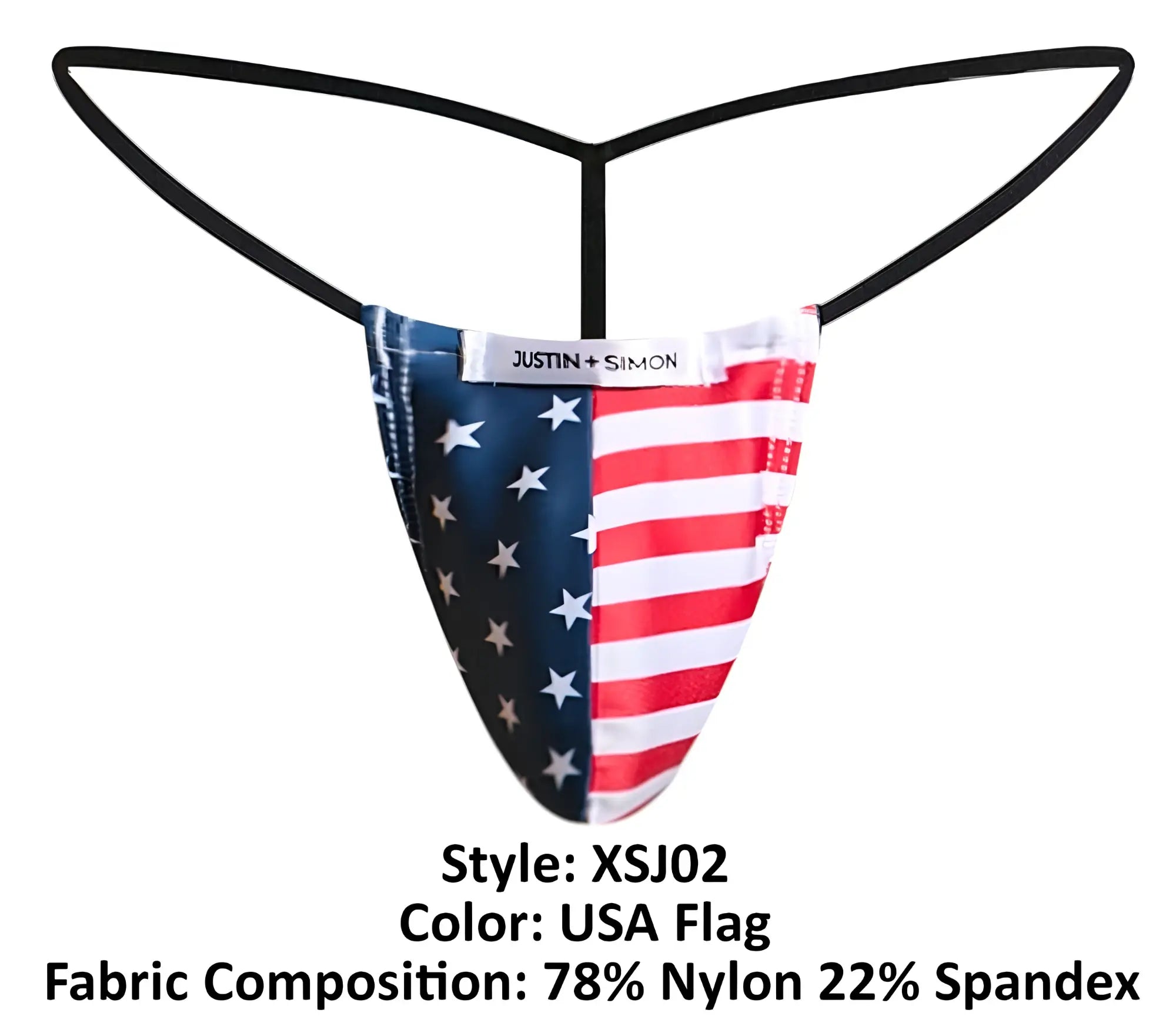 Justin+simon xsj02 classic g-string in american flag-themed red white and blue stretchy nylon spandex blend with stars on left side