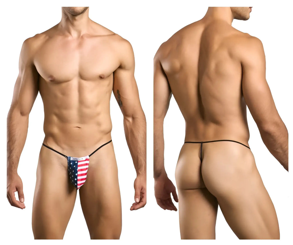 Justin simon xsj02 classic g-string thong with American flag print and black elastic waistband and leg straps visible from the back